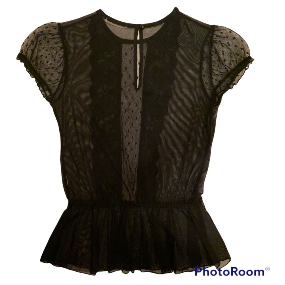Rare LUX VTG Sheer Black Lace Peplum Cinched/Waist Cap/Sleeve Mesh Polka Dots - Picture 4 of 11